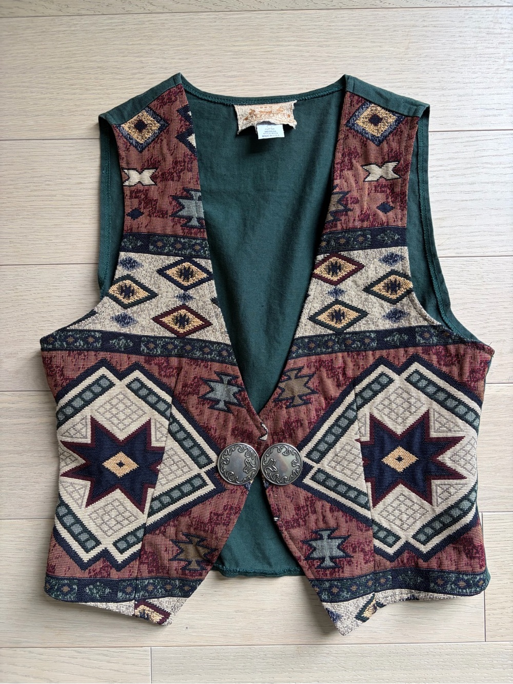 New Frontier Vintage Green & Burgundy Southwestern Print Vest
